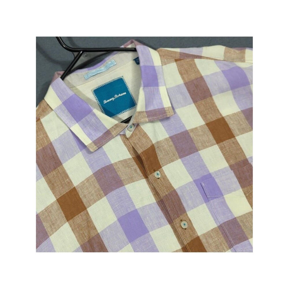 Tommy Bahama Shirt Men's XXL Purple Brown Plaid Linen Long Sleeve Button Up